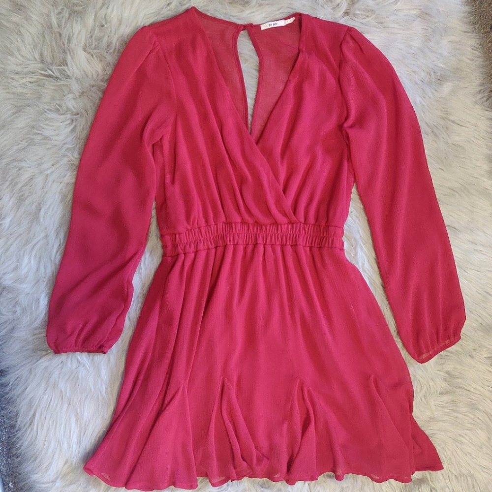 Red Flowy Keyhole Chiffon Date Dress Long Sleeve Balloon Sexy Lightweight Vacay